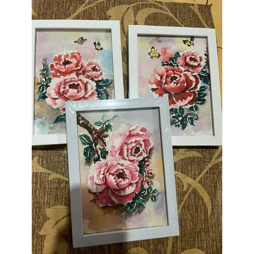 ภาพวาดดอกโบตั๋น ภาพดอกไมขนาด5x7นิ้ว พร้อมกรอบกระจก ภาพวาดสีน้ำ แขวนได้ตั้งได้ ราคาถูก Shopee Lazada