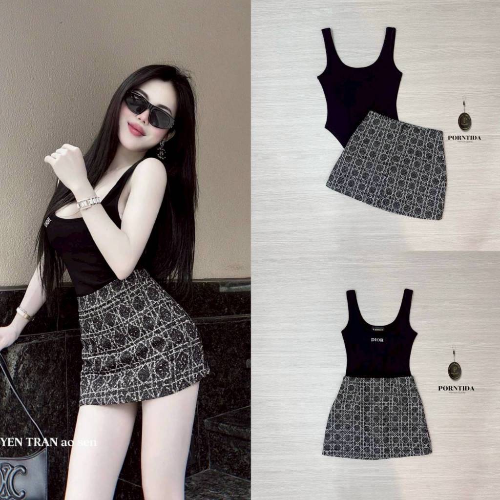 Porntida ชุดเดรสเซต 2 ชิ้น สีนำ เสื้อบอดี้สูทสีดำ  + กระโปรงผ้าทอซับในกางเกง