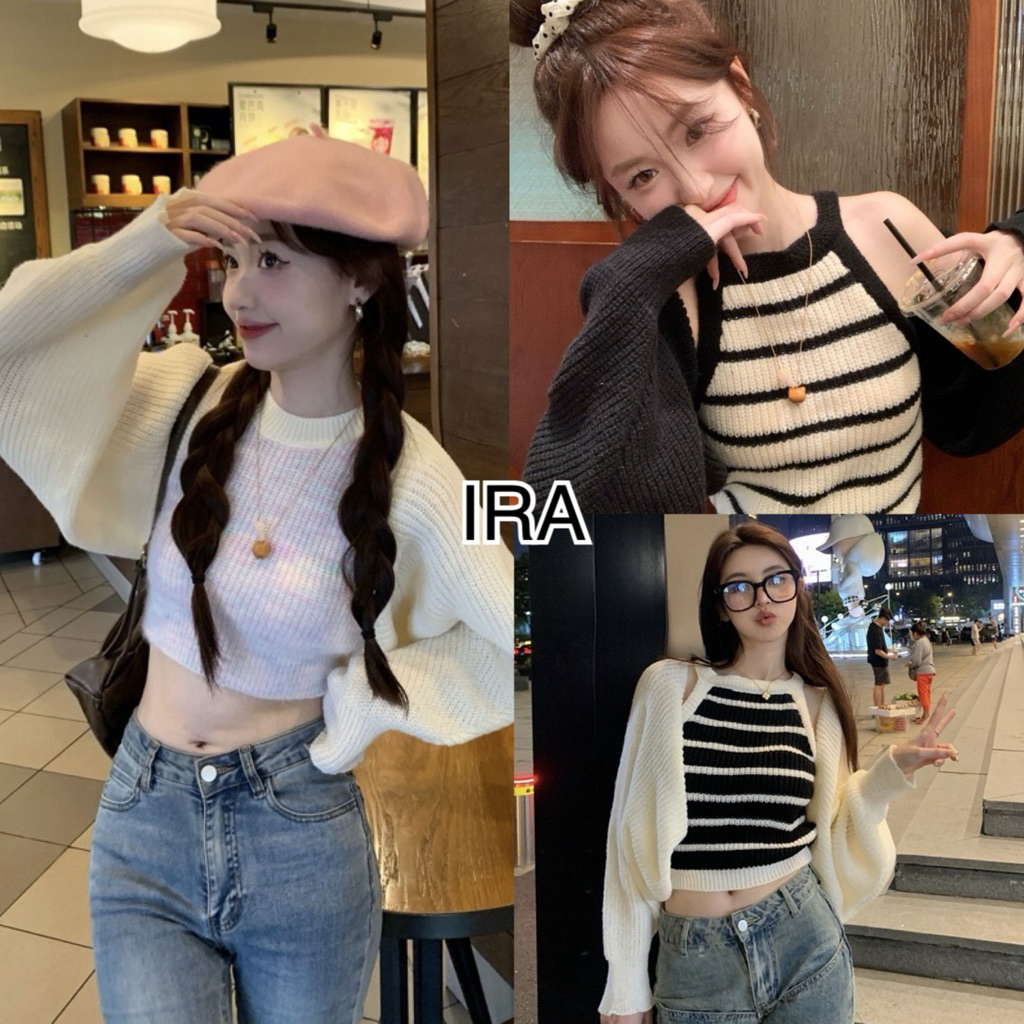BY IRA 2 Pieces set เสื้อไหมพรมแขนยาว+แขนสั้น ผอมเพรียว เก๋ไก๋และเซ็กซี่ ไบนารี แขนกุด ชุดเซ็ตน่ารักน่าเอ็นดู