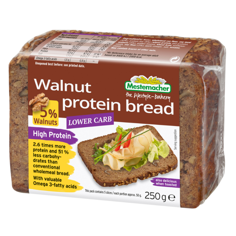 เมสเตอมาเคอร์ ขนมปังโปรตีนผสมวอลนัท จากเยอรมนี 250 กรัม - Walnut Protein Bread 250g Mestemacher brand