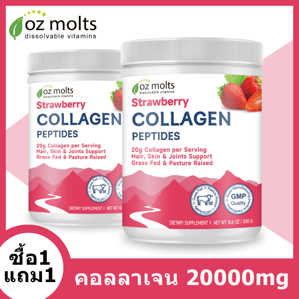 Ozmolts Collagen Protein Powder คอลลาเจน เสริมแคลเซียม เสริมสร้างกระดูก สุขภาพผิว Strawberry 300g