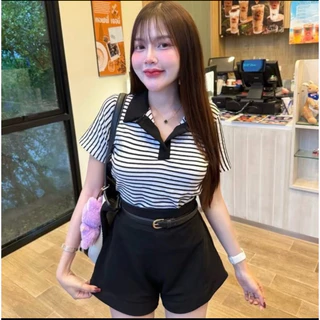 @PREM🌸เสื้อเชิ้ตแขนสั้นลายริ้ว+กางเกงบาร์บี้แถมเข็มขัด ชุดเซ็ท3ชิ้นราคาถูก🔥