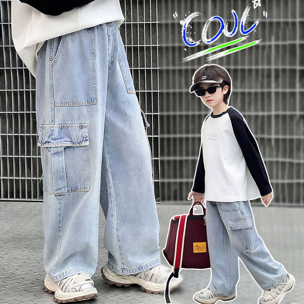 Beryl kids กางเกงขายาวเด็กชาย กางเกงยีนส์ทรงขากระบอก คาร์โก้เด็กทรงสวย ลําลองใส่สบาย เท่ห์สุด แฟชั่น