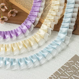 Macraft ลูกไม้ระบาย ผ้า 2 ชั้น ผ้าซาติน หลายสี เนื้อนุ่ม 4 CM ผ้าลูกไม้ตกแต่ง ชายระบาย