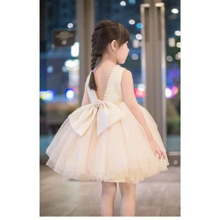 E8 เดรสออกงานเด็กเล็กคอมุกโบว์หลังใหญ่ พร้อมส่งจากไทย