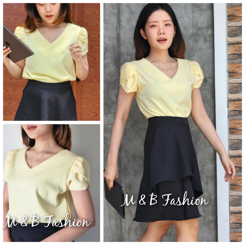 💋เสื้อคอวีแขนบัวสองชั้น139฿เสื้อทำงานใส่ทรงสวย