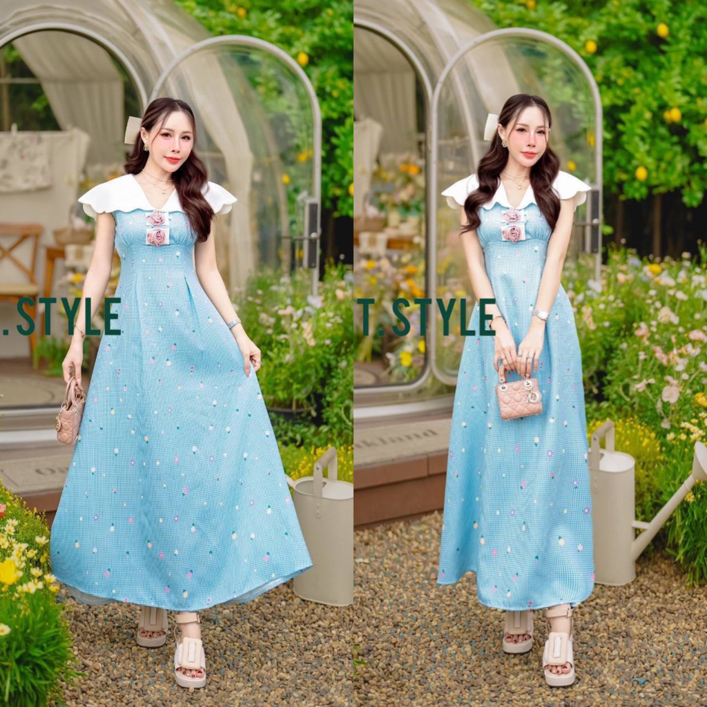 (+เพิ่ม1ไซส์) ชุดเดรสสีฟ้า คอปก ลายสก้อต MT
