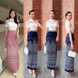 S-XXL✨เซทชุดไทยใส่ทำบุญ เสื้อ+ผ้าถุงพิมพ์ลายไทย สีกรม/ชมพู/ฟ้า/ครีม/เทา #Cherish #เสื้อลิซ่า #Abigail ชุดไปงานบวช