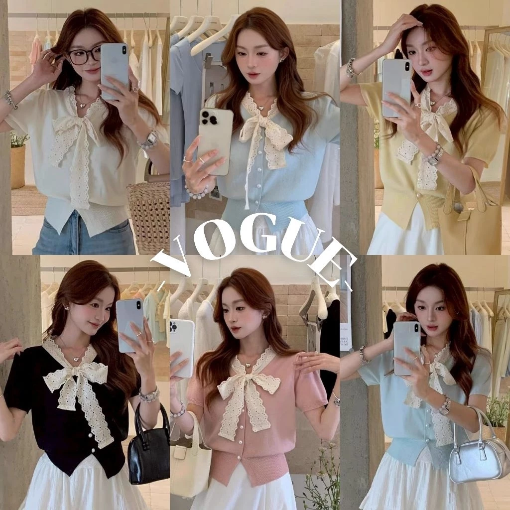 Vogue🌟พร้อมส่ง🌟 เสื้อไหมพรม แขนสั้น คอปกแต่งโบว์ สีพาสเทล (W-M099)