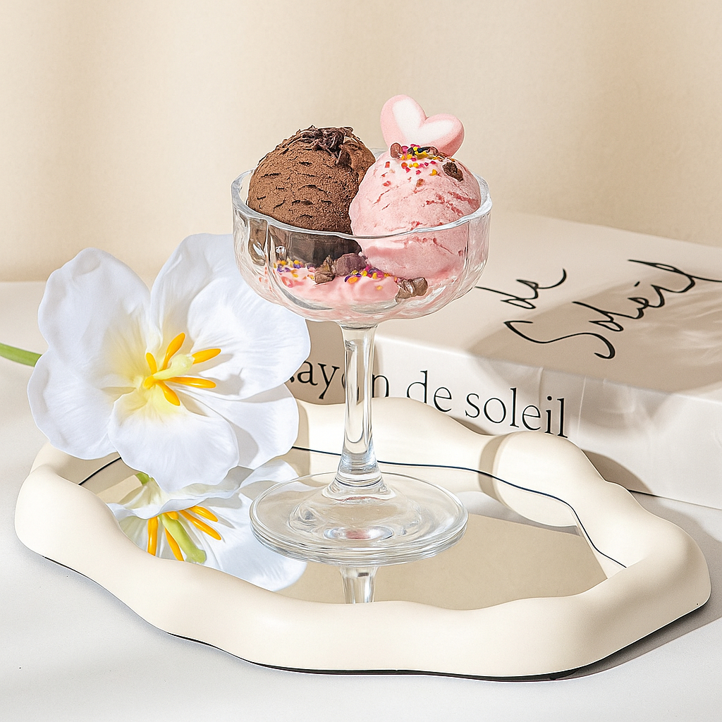 ถ้วยไอศครีม Deli Floral Champagne Coupe 190 ml ถ้วยไอติมรูปดอกไม้ เนื้อแก้วใสและหนา ก้านแก้วแข็งแรง