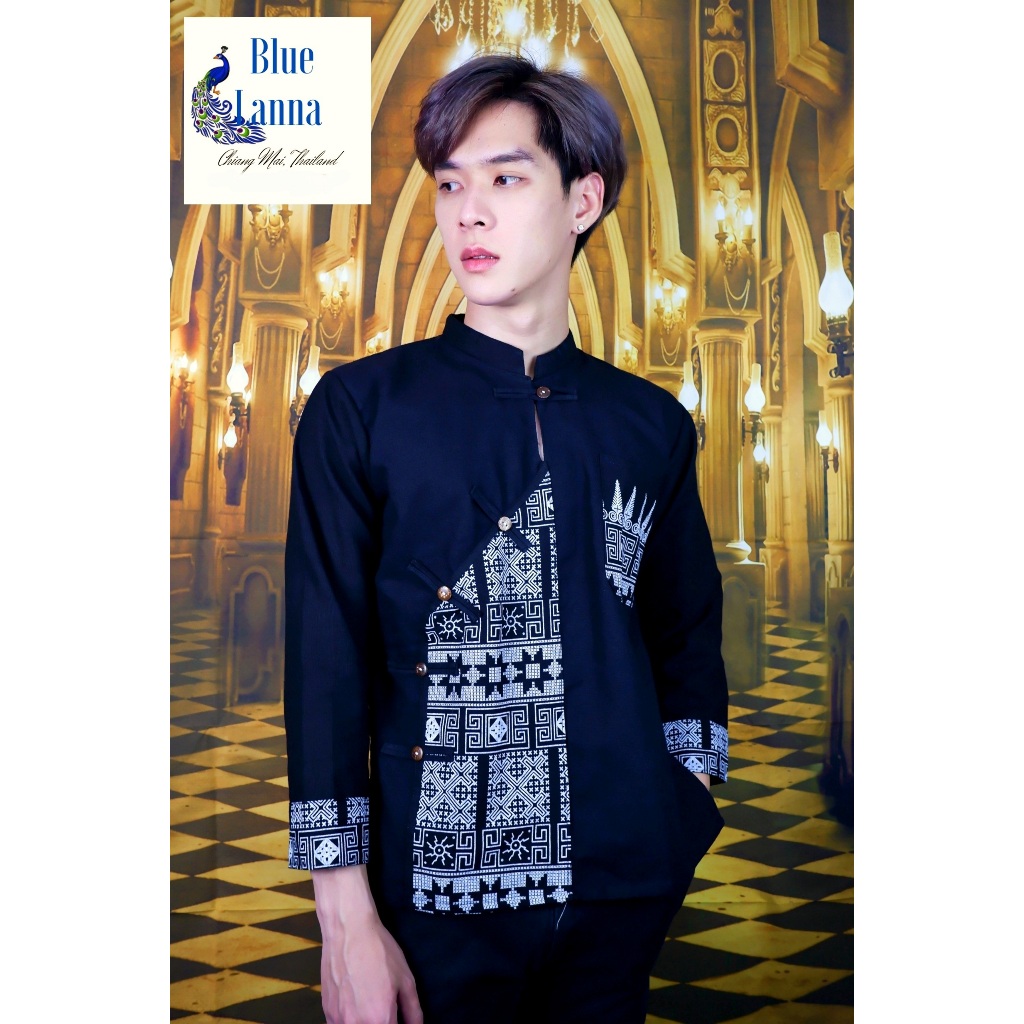 เสื้อผู้ชายแขนยาวผ้าฝ้ายทรงไทลื้อตกแต่งลายพื้นเมืองล้านนา ราคา ถูกที่สุด ดีลบีเคเค แกลเลอรีภาพที่ 2