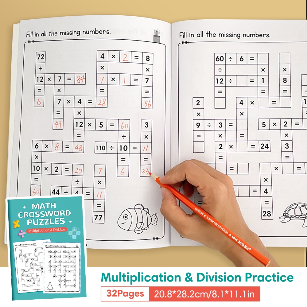 32 Pages 1-12 Multiplication & Division Math Workbook for Kids Crossword Puzzle Arithmetic Practice Books Homework
