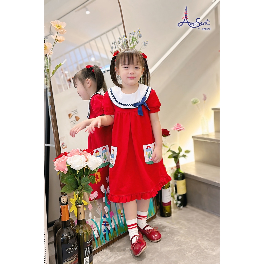 Amusantชุดกระโปรงคอปกลายบล็อคไม้ตัวต่อสีแดง EH4K61