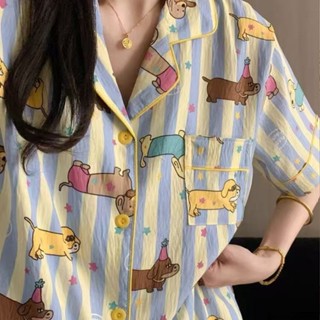 ชุดนอน ลายน้องหมาแฟนซี งานน่ารัก ไหมญี่ปุ่น ฝ้ายก้อนเมฆ พร้อ…