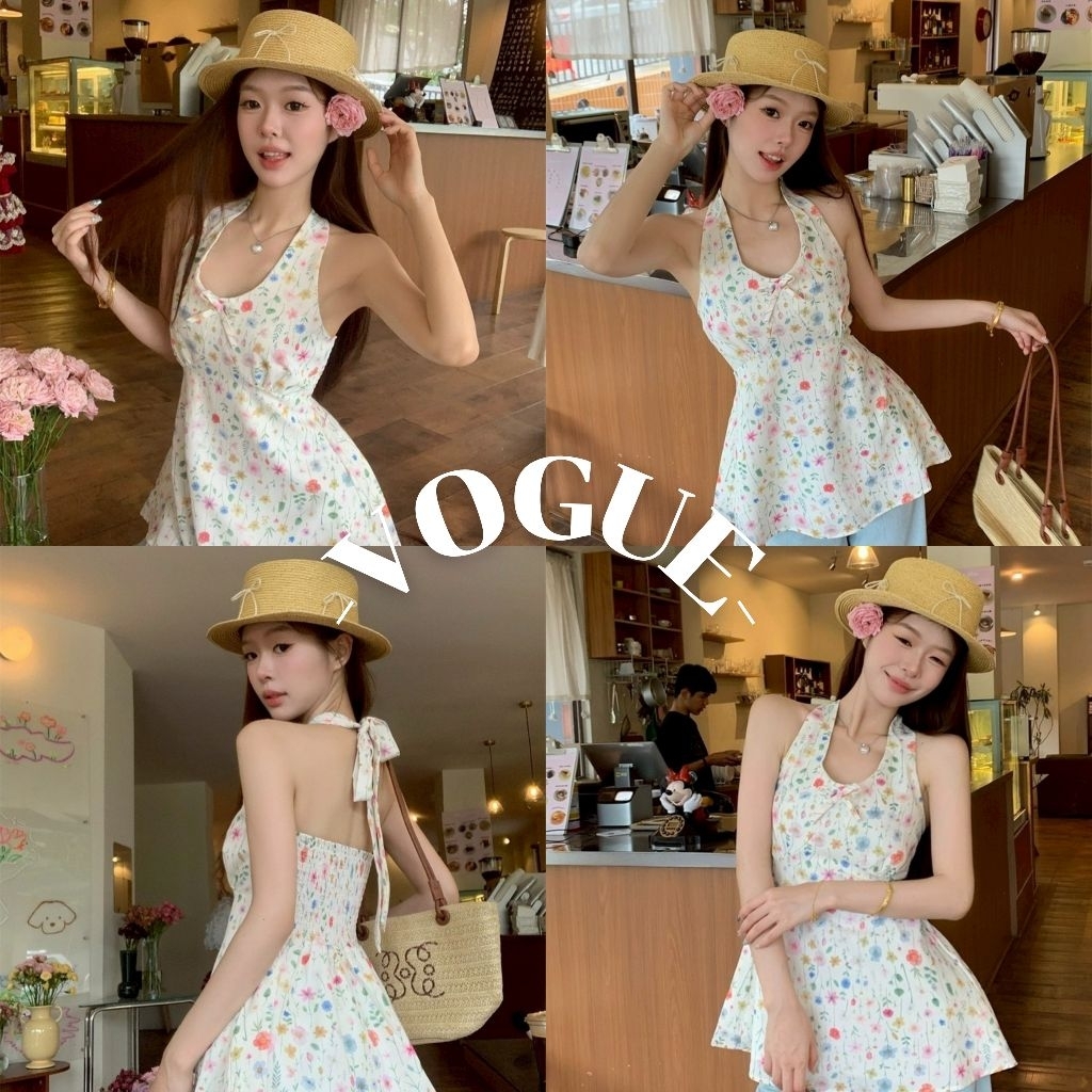 Vogue🌟พร้อมส่ง🌟 มินิเดรส คล้องคอ ลายดอกไม้ สีน่ารักใส่สบายมาก (8K185)