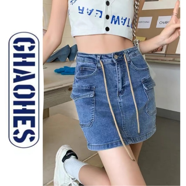 กระโปรงยีนส์มิดี้สีน้ำเงิน S-3XL ผ้ายืดหยุ่น เอวสูงพร้อมเชือก มีซับใน กระโปรงสั้นคาร์โก้คลุมสะโพกv86