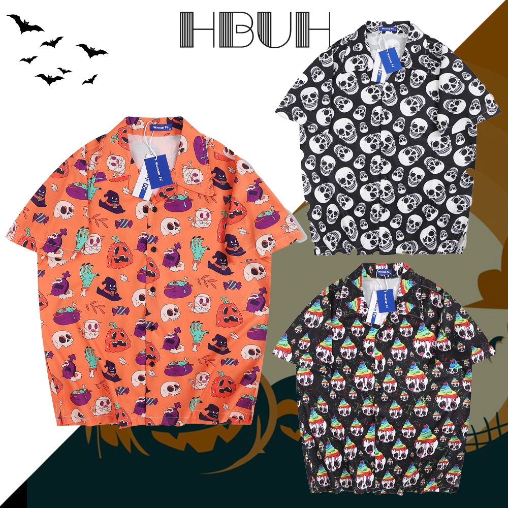 HBUH วันฮาโลวีน เสื้อฮาวาย ลายกะโหลก สีส้มสีดำ ตลกน่ารัก ผ้านุ่มสวมสบาย ชุดธีมเทศกาล ชุดสำหรับงานปาร์ตี้