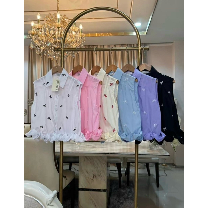 Ribbon เสื้อปักโบว์แขนกุด ระบายชาย สีพาสเทล (เนื้อผ้า Cotton)