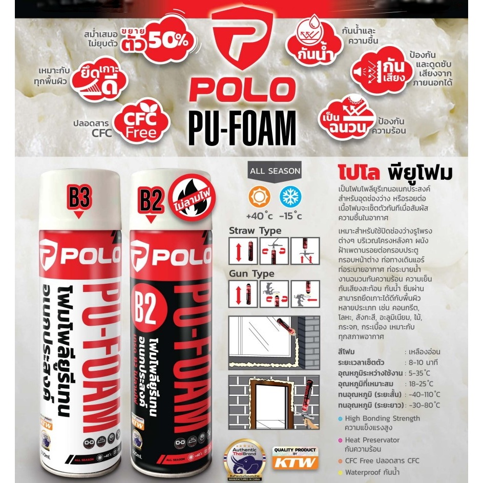 POLO PU Foam *NEW ใหม่ล่าสุด สูตร B2 ไม่ลามไฟ 500ml สเปรย์พียูโฟม อเนกประสงค์ อุดกันรั่วซึม กันเสียง