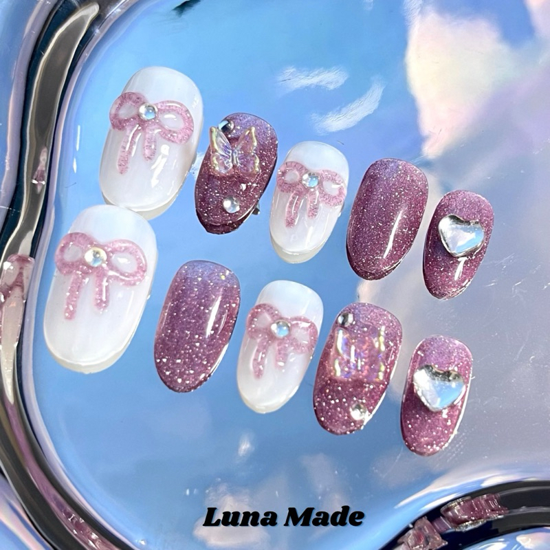 LUNAMADE 🍒 เล็บเจลปลอมสำเร็จรูป เจลแท้ 100%  น่ารัก  โทนชมพู กลิตเตอร์ โบว์ 🍒 เลือกขนาดได้  กรุณาวัดไซส์ก่อนสั่ง