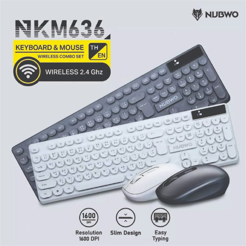 Nubwo คีย์บอร์ดและเมาส์ไร้สายแบบไวร์เลส เชื่อมต่อง่าย ปุ่มกลมลอยดีไซน์มินิมอล รุ่น NKM-636 สินค้ารับประกัน 1 ปี
