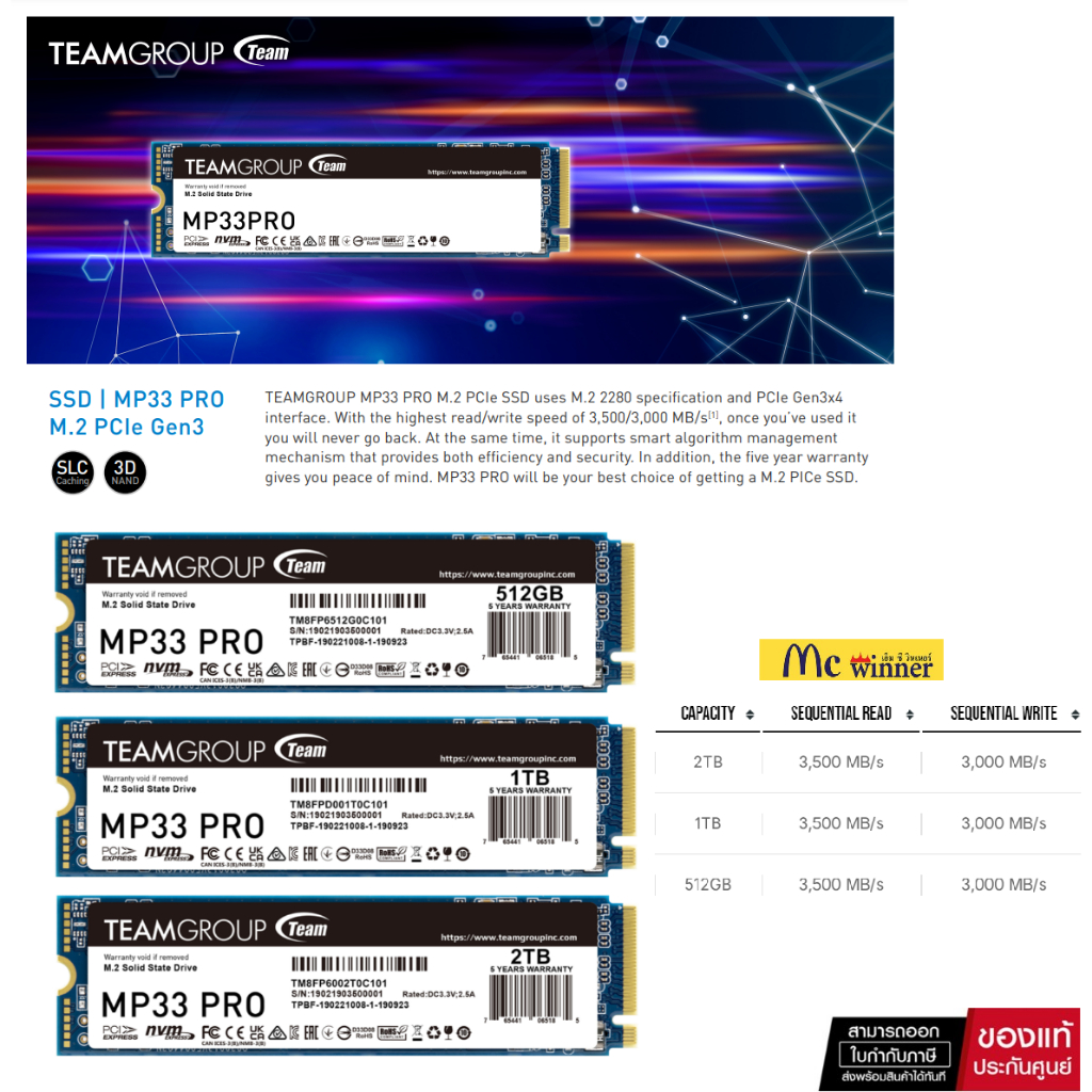 512GB | 1TB SSD (เอสเอสดี) TEAMGROUP MP33 PRO M.2 2280 PCIe Gen3x4 NVMe(TM8FPD512G0C101|TM8FPD001T0C