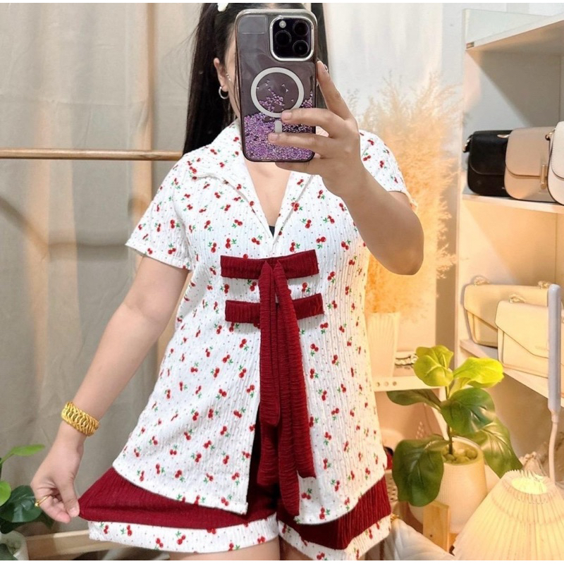 584 เซตสาวอวบลายเชอรี่ เสื้อ+กางเกง (ฟรีไซส์)