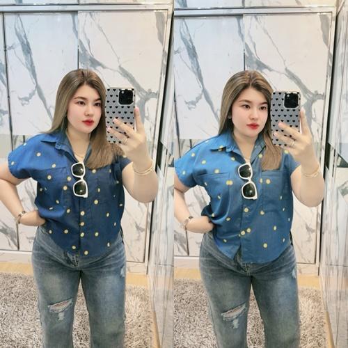 F63 ยีนส์แขนค้าวคาวเป๋าคู่ลายยิ้ม อก48