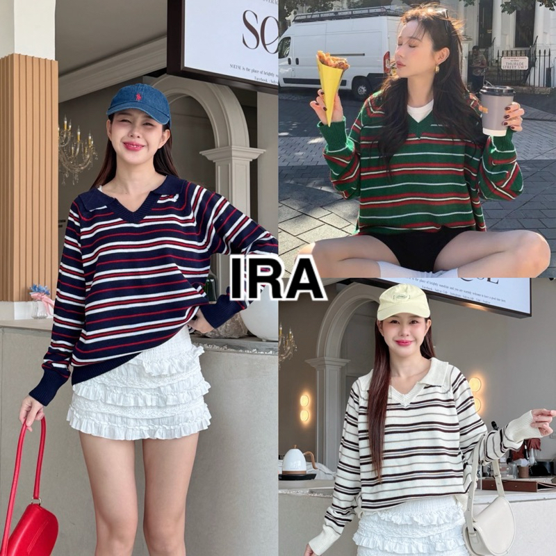 BY IRA Zebbe Sweater เสื้อแขนยาวแถบเสื้อถัก เกาหลีเก๋ฤดูใบไม้ร่วงใหม่สไตล์ย้อนยุคลายคอวีหลวมขี้เกียจ