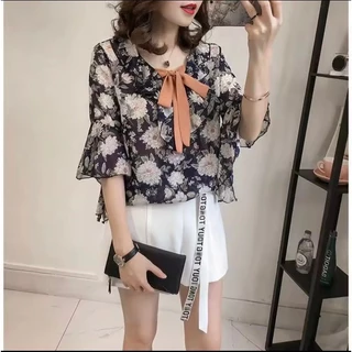 เสื้อผู้หญิง เสื้อลายดอก เสื้อมีปกผูกโบร์ ผ้าซีฟองใส่สวยสบาย