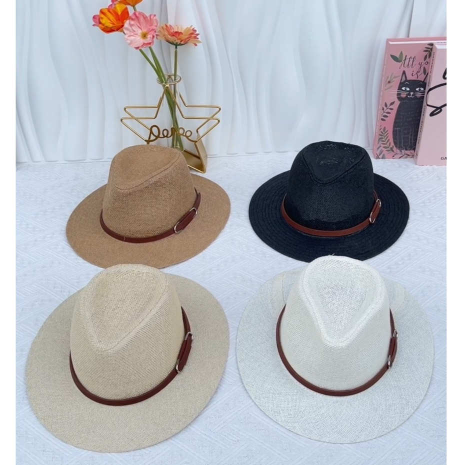 หมวกสานชาย ทรงปานามาแต่งคาดเข็มขัดน้ำตาล สินค้าพร้อมส่งจากไทย B041