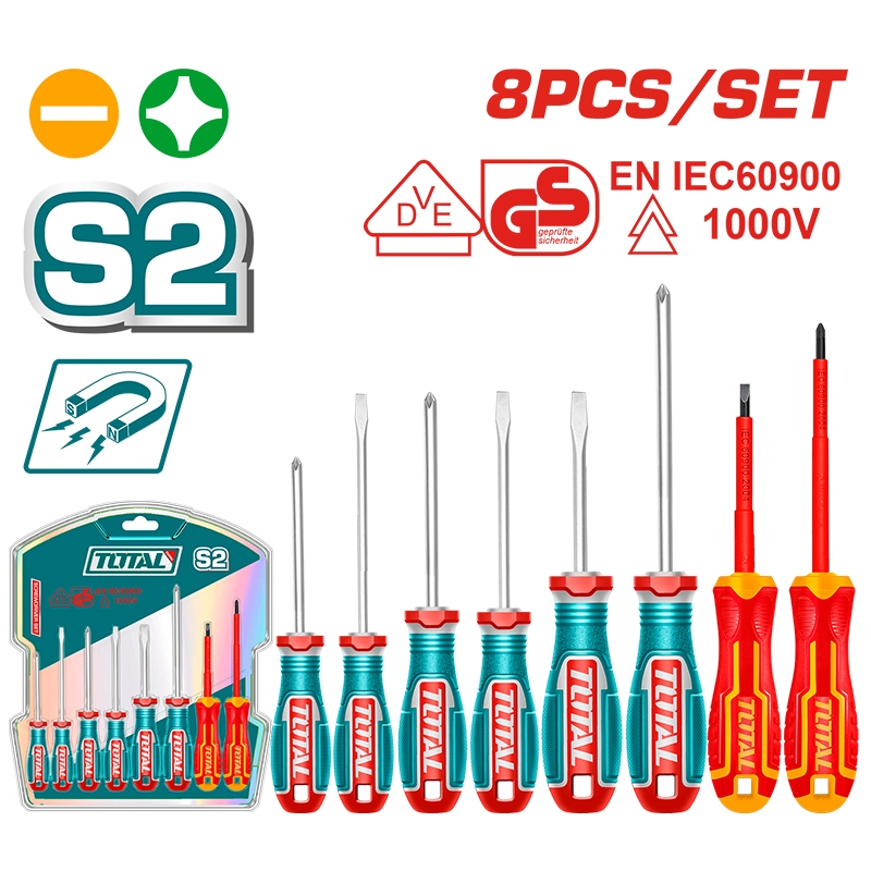 Total ชุดไขควง (8 ชิ้น) + ไขควง S2 + ไขควงหุ้มฉนวน Cr-v + ไขควง VDE 1000V + GS รุ่น TKSDS0836