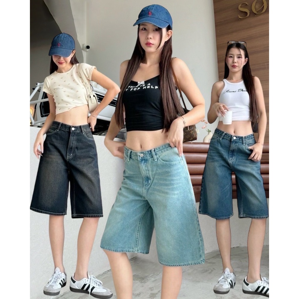 TwiceJeans กางเกงยีนส์ผู้หญิง 5 ส่วนขากว้าง ทรงหลวม ผ้าไม่ยืด [S-3XL]