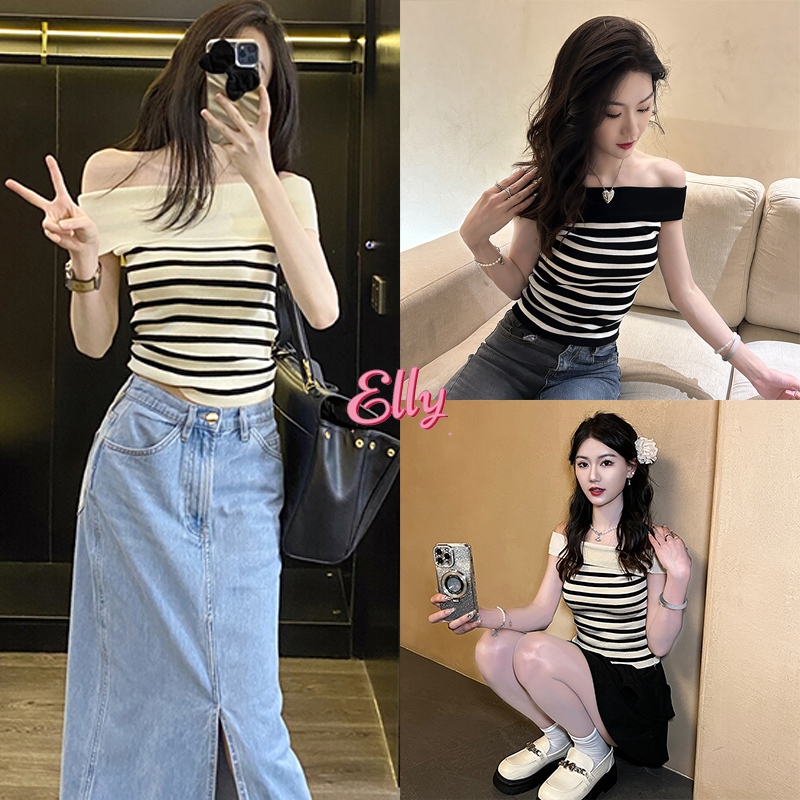 Elly พร้อมส่ง เสื้อปาดไหล่crop top ทรงเข้ารูป เสื้อเปิดไหล่ไหมพรมแฟชั่นผู้หญิง แขนสั้น ดีเทลลาบทาง เซ็กซี่ ผญสวยๆ