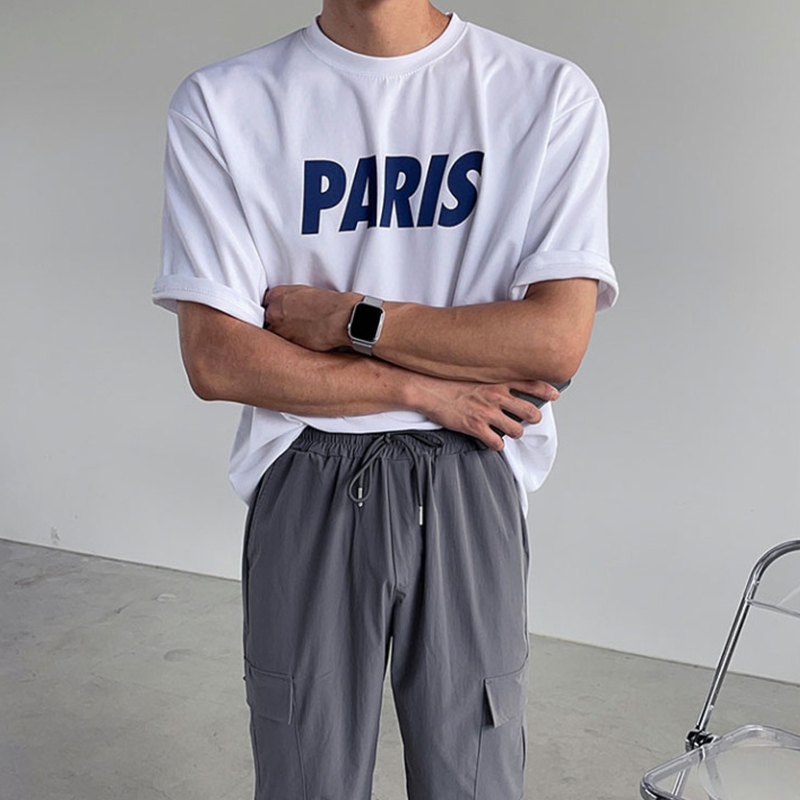 TOP สไตล์เกาหลีเสื้อยืดผู้ชาย "PARIS" ผ้าคุณภาพสูง ยืดหยุ่น ใส่สบายสไตล์เกาหลี S-4XL