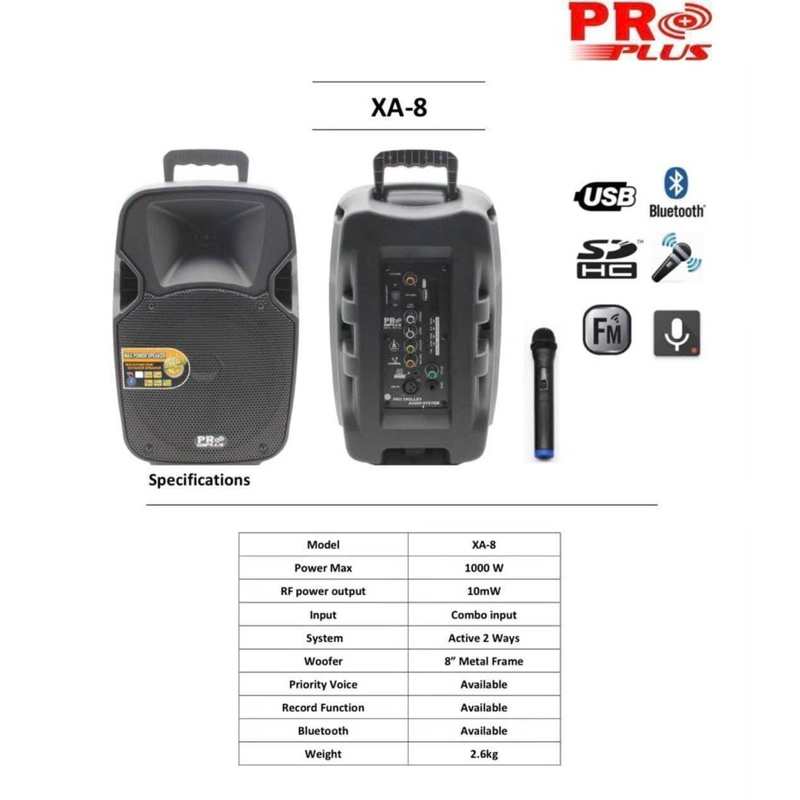 ลำโพงเคลื่อนที่อเนกประสงค์ 8นิ้ว PROPLUS XA8 พร้อมไมค์ลอย​ =1ใบ