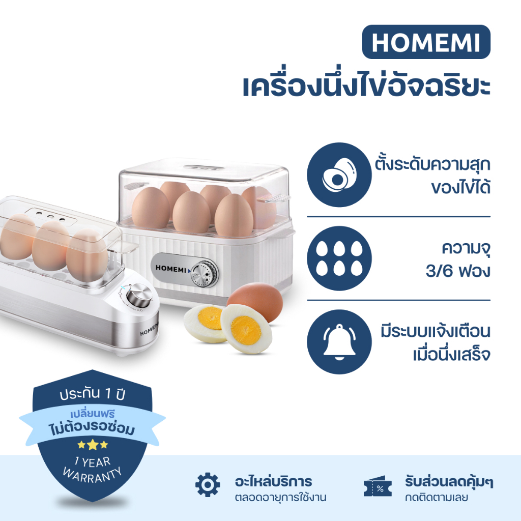 Homemi เครื่องต้มไข่อัตโนมัติ เลือกระดับความสุกของไข่ได้