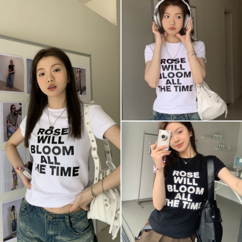 cherryshop พร้อมส่ง เสื้อยืดแขนสั้นแฟชั่นสไตล์เกาหลีสำหรับผู้หญิง คอกลม ทรงเข้ารูป พิมพ์ลายตัวอักษรY2K ผ้ายืดทรงสวย