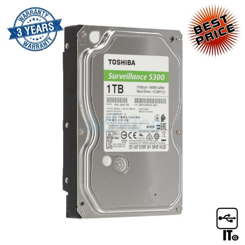 1 TB HDD CCTV TOSHIBA S300 (5700RPM, 64MB, SATA-3, HDWV110UZSVA) ประกัน 3Y ฮาร์ดดิสก์