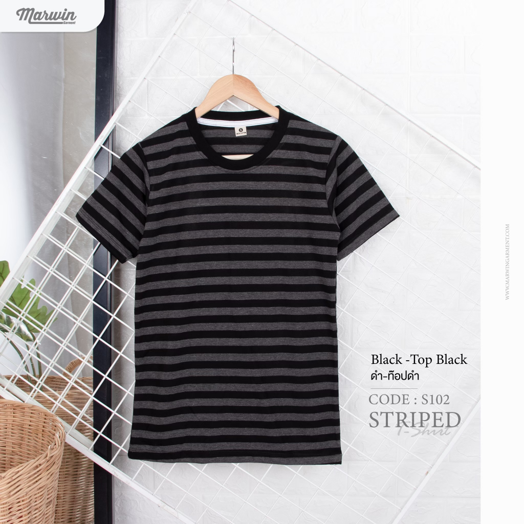 เสื้อยืดริ้ว โทนดำ Striped คอกลม เเขนสั้น