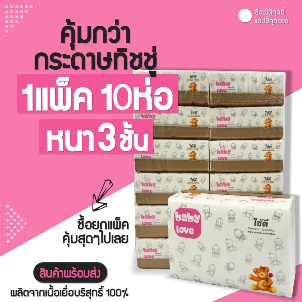 <พร้อมส่ง>กระดาษทิชชู่ 1แพ็ค มี 10ห่อ กระดาษทิชชู่ เหนียวนุ่ม ไม่เปื่อยง่าย ไม่เป็นขุย หนา 4 ชั้น คุ้มมาก