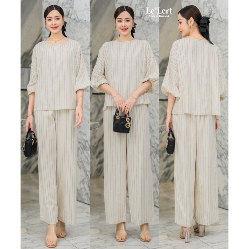 Rosy Linen Set เซทผ้าลินินลายริ้ว งานเสื้อคอปาดแขนยาวแต่งกุ๊นยางปลายแขน + กางเกงขายาวซิปข้าง