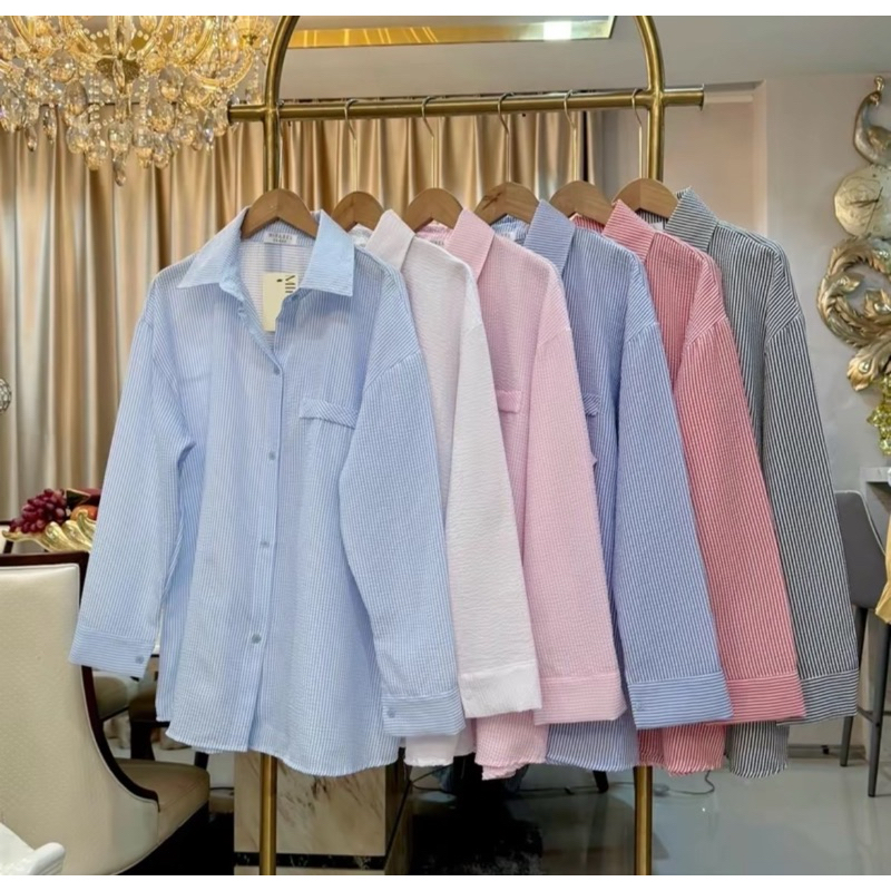 เสื้อเชิ้ตแขนยาวทรง Over size (ผ้าบับเบิ้ลฟูริ้ว) กระดุมหน้า