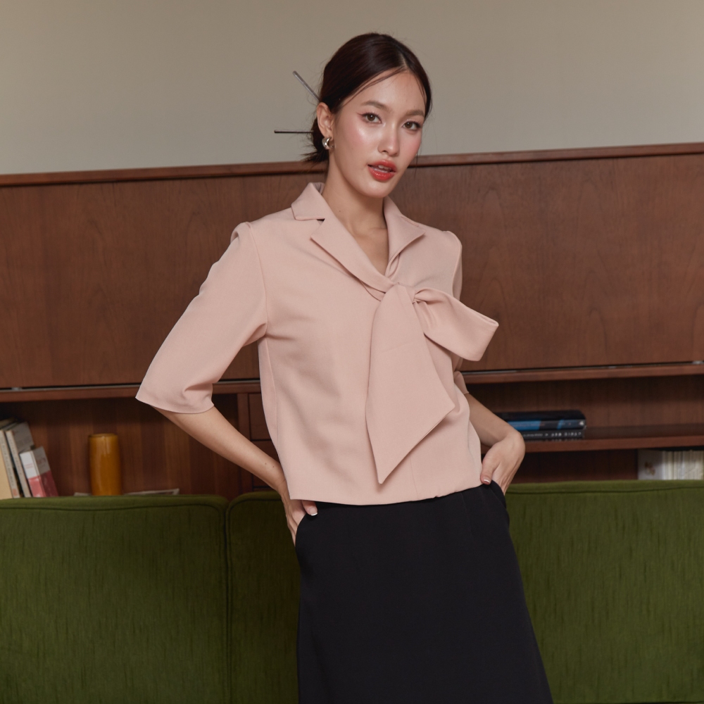 Miss office เสื้อปกเทเลอร์แขน4ส่วนเเต่งโบว์ (MT-301)