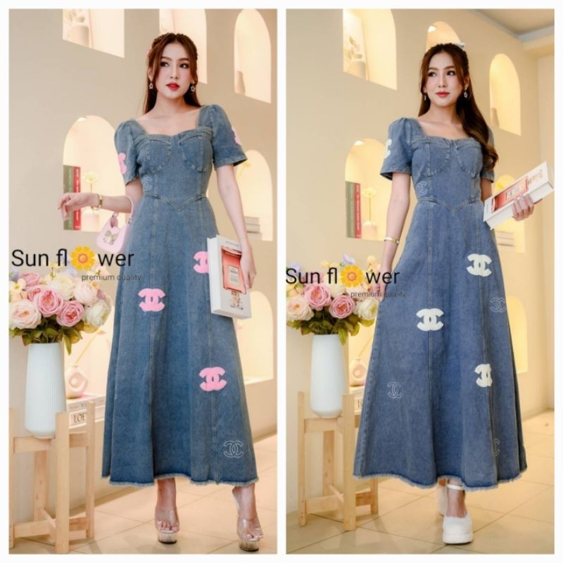 578 มีS-3xl [เอวเล็ก1"]ยาว53"เดรสยีนส์ยาวลายCCหรูสุดสุด
