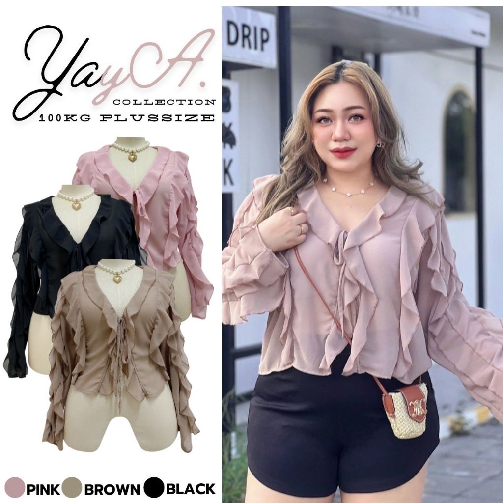 Plus size เสื้อแขนยาวผ้าชีฟองระบายผูกอกทรงผู้ดีของสาวอวบ แฟชั่นผู้หญิง น่ารัก มินิมอล รุ่นญาญ่า(F41)