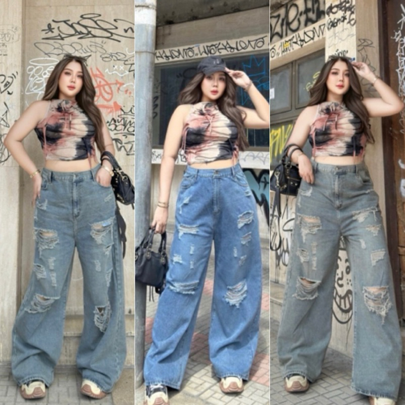 I.CURV JEANS กางเกงยีนส์ขากระบอกใหญ่ โคตรเท่ห์ ดีเทลขาดๆเซอร์ๆ ไซส์ใหญ่ สาวอวบ