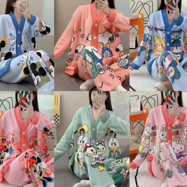 พร้อมส่ง ราคาชุดเดียว ชุดนอนผ้ากันหนาว ผ้านาโน เกรดผ้าดี นุ่ม สวมใส่สบาย ลายการ์ตูนน่าร๊ากกก