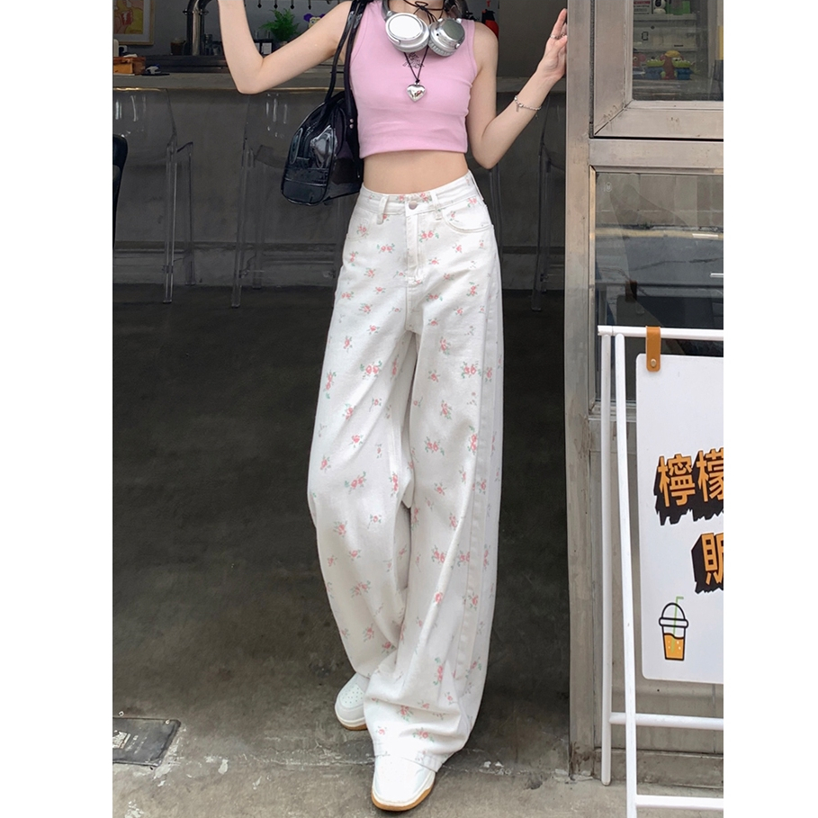 YODO กางเกงยีนส์สตรี เอวสูง ลายดอกไม้ กางเกงขากว้างสีขาวสไตล์เกาหลี S-3XL ราคา ถูกที่สุด ดีลบีเคเค แกลเลอรีภาพที่ 9