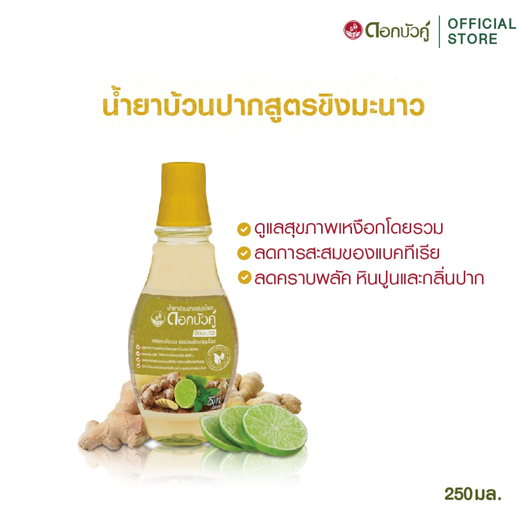 ดอกบัวคู่ น้ำยาบ้วนปากขิงมะนาว 250 มล. (1ชิ้น) แถมฟรี ยาสีฟันสูตรเกลือสมุนไพร 20 ก. (1ชิ้น)